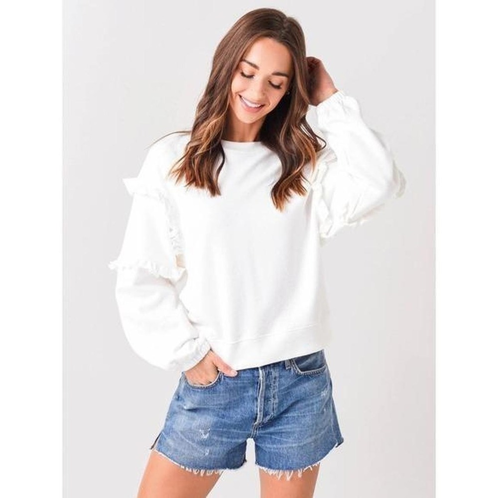Rebecca Minkoff Women's White "Evelyn" Sweatshirt Ruffled Preppy Coquette